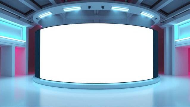 Futuristic studio space. Bright lights illuminate curved walls, blank screen dominates center. Minimalist design, sleek modern aesthetic.