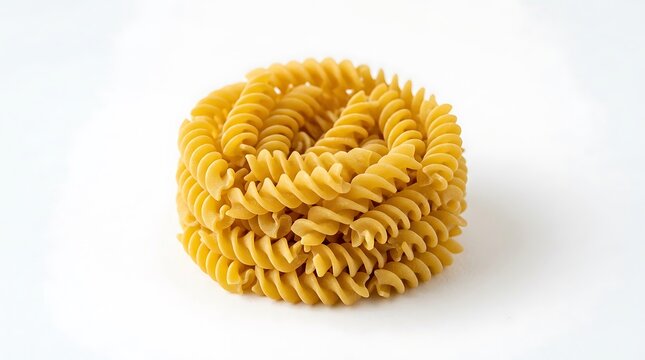 A single nest of uncooked raw fusilli pasta isolated on a white background.