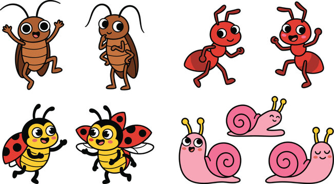 Cute Cartoon Insect and Bug Character Vector Set Featuring Adorable Cockroaches Red Ants Ladybugs and Pink Snails for Kids Graphic Designs
