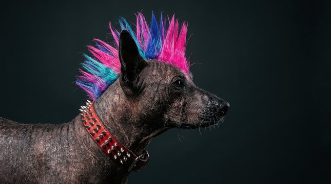 Edgy Hairless Dog with Vibrant Pink and Blue Mohawk and Spiked Collar in Studio Portrait