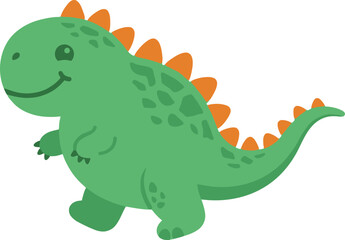 Obraz premium A cute cartoon green dinosaur with orange spikes standing on a white background.
