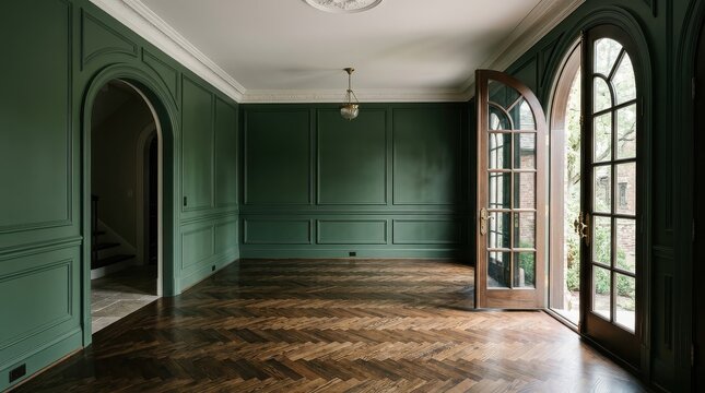 Elegant Empty Room with Deep Green Paneled Walls and Dark Wood Herringbone Parquet Flooring in a Luxury Home