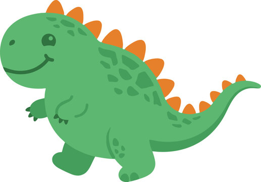 A cute cartoon green dinosaur with orange spikes standing on a white background.