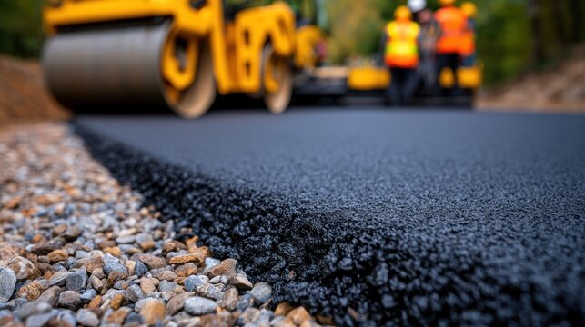 Heavy machinery compacting fresh asphalt for road construction