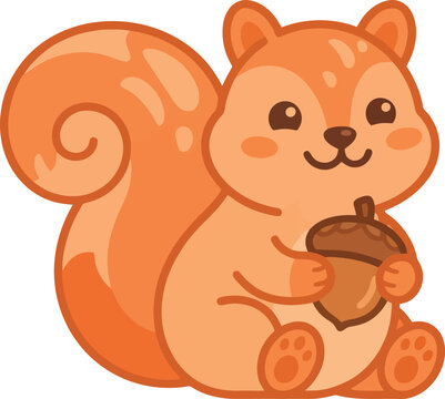 A cute cartoon squirrel holding a brown acorn with a happy expression.