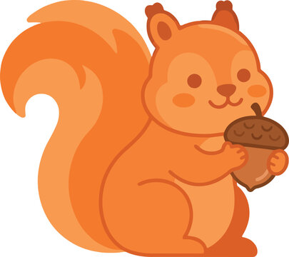 A cute cartoon squirrel holding a brown acorn.