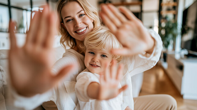 Mother and toddler mirror each other's stop gesture during a warm boundary-setting moment, candid family lifestyle capturing parenting and connection.