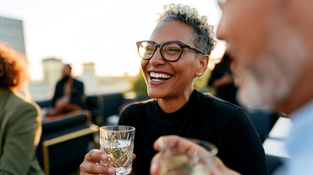 Woman laughs joyfully while holding a drink at a rooftop celebration with friends. Warm sunset gathering, genuine happiness and social connection outdoors.