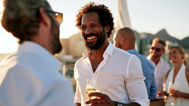 Smiling man holds a drink while chatting with colleagues at a rooftop celebration during golden hour. Warm outdoor gathering with sunset city skyline.