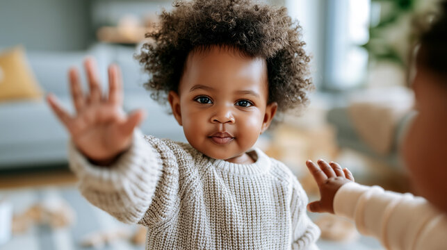 Curly-haired toddler raises a hand in a confident stop gesture, capturing candid personal boundaries and early childhood social development at home.