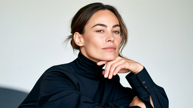 Sophisticated portrait of a mature woman with authentic skin texture, fine lines, and a graceful jawline, resting her chin thoughtfully on her hand under calm, cinematic side lighting.