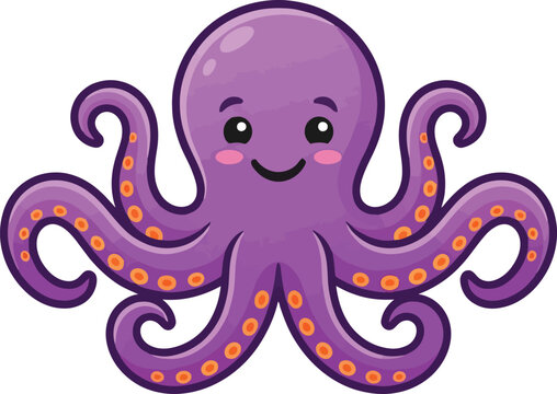 A cute purple cartoon octopus with a friendly smile and pink cheeks.