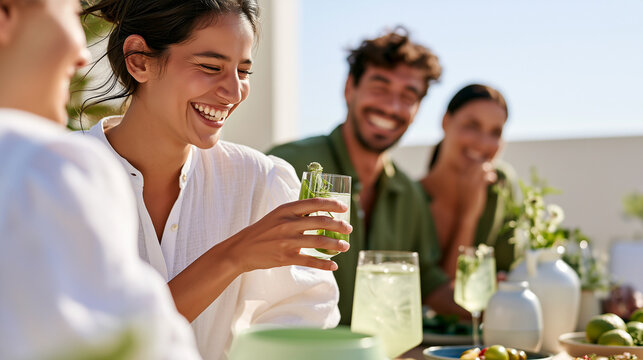 Friends laugh together at a sunny garden brunch, holding botanical mocktails and enjoying a stylish outdoor social gathering with fresh, festive vibes.