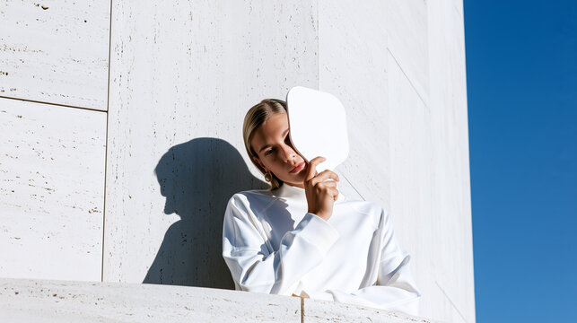 Woman holds a white pickleball paddle covering half her face against a sunlit concrete wall. Bold shadows, minimalist fashion editorial with blue sky.