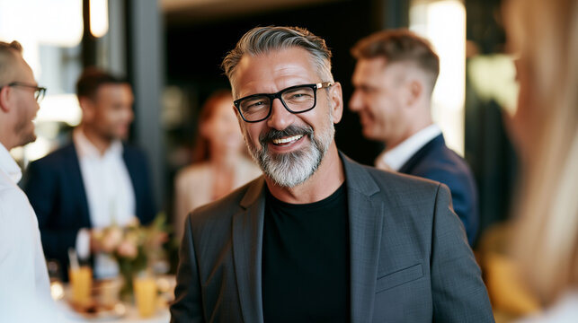 A smiling gray-bearded businessman in glasses stands among colleagues at a professional office celebration, radiating warmth, appreciation, and career achievement.
