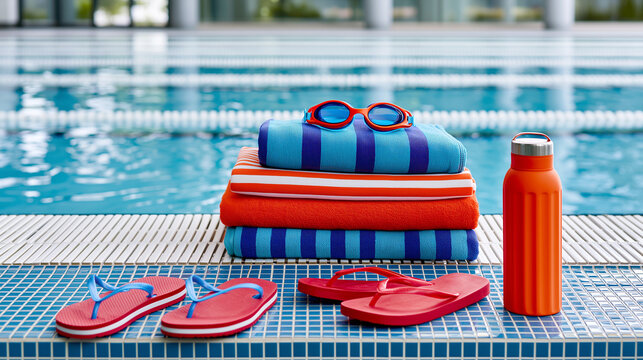 Neatly folded towels, goggles, flip-flops, and a water bottle rest poolside, symbolizing swim training preparation and an active healthy lifestyle.