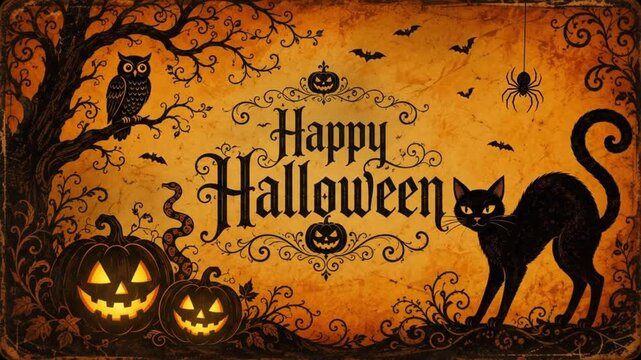 Vintage Happy Halloween Greeting Card with Black Cat, Owl and Pumpkins