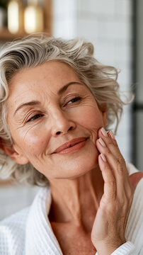 Mature woman with gray hair gently massaging her face, authentic skin texture and antiaging skincare ritual, elegant senior beauty portrait with calm confident expression.