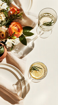 Elegant dinner flat lay with crystal glasses, lemon and rosemary drinks, fresh flowers and linen napkins, refined springtime hosting table setting.