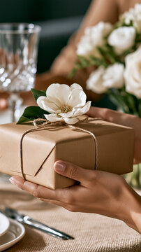 Hands exchange an elegantly wrapped gift topped with a white magnolia bloom, eco friendly packaging, wedding or celebration gesture of kindness and appreciation.