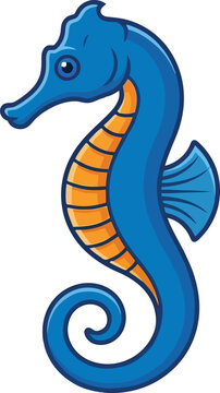 A vibrant cartoon illustration of a blue and orange seahorse.