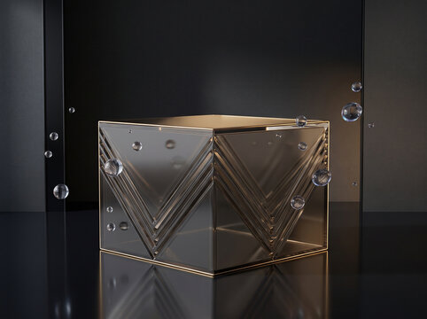 Modern geometric container with liquid and bubbles abstract design