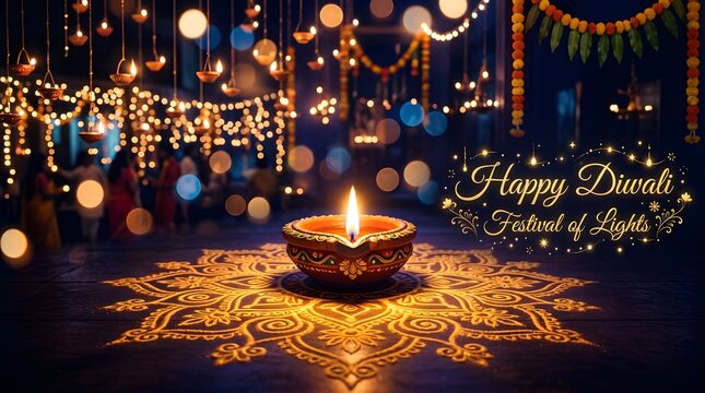 Happy diwali festival of lights greeting with glowing diya lamp