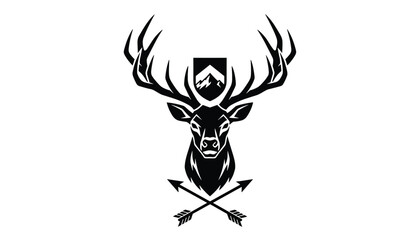 Fototapeta premium Deer head with large antlers emblem accompanied by crossed arrows and shield logo