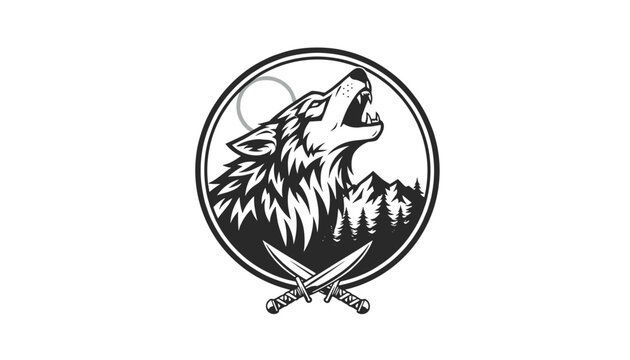 Howling wolf emblem featuring crossed daggers mountain trees and full moon design
