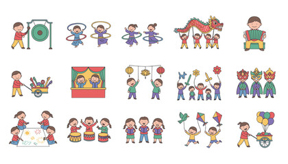 Fototapeta premium Colorful set of children participating in traditional cultural activities and games