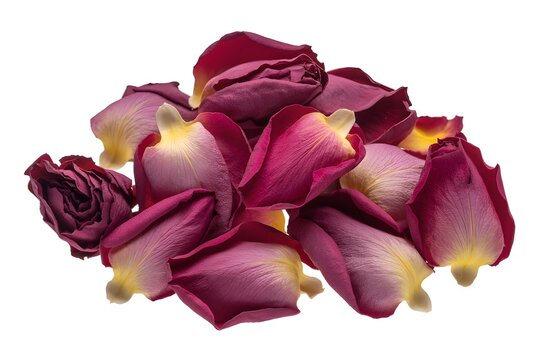 Dried red rose flower petals piled together on white background with burgundy