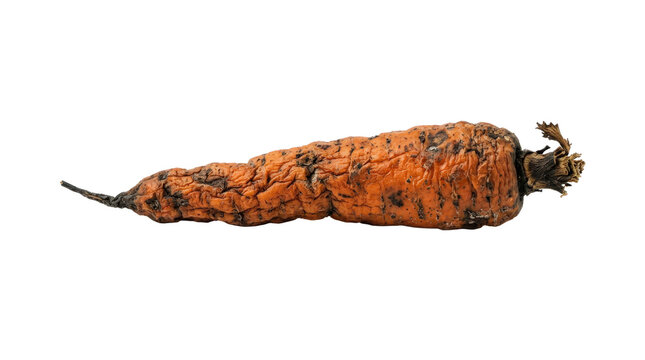 Rotten orange carrot with mold and shriveled skin. Old decaying vegetable showing food waste. Spoiled organic produce with dark spots. isolated on Transparent Background