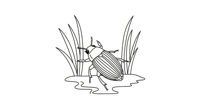 Insect on water near grassy plants.