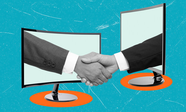 Art collage showing two hands shaking across computer monitors representing digital connection and agreement