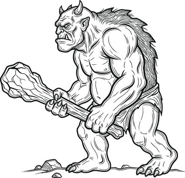 Giant Cave Troll Ogre Monster Holding Heavy Stone Club Fantasy Character Line Vector Illustration