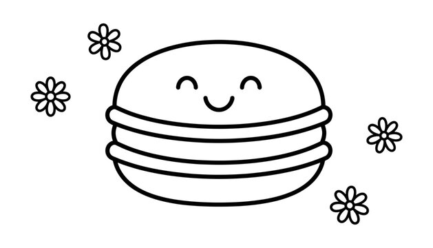 Cute hand drawn macaron character with smiling face surrounded by small flowers for a fun coloring page