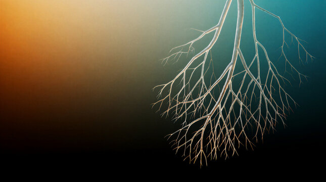 Glass birch branches splitting into ever finer twigs within a warm black to teal gradient void