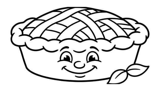 A cute cartoon pie with a happy smiling face and a lattice crust design for children coloring pages