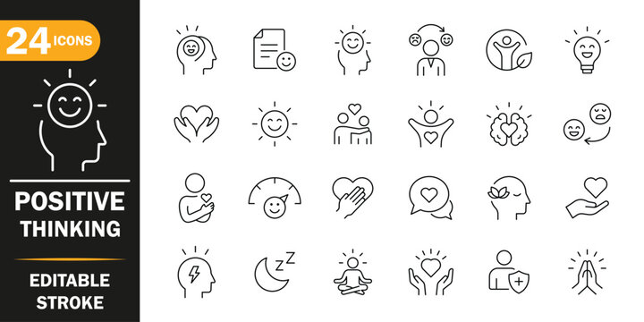 Positive thinking and mental wellness line icons, coaching and training concepts, editable stroke vector set for emotional health and self-care