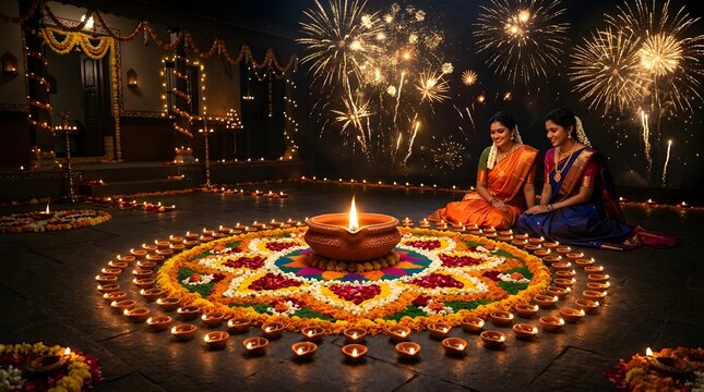 Indian women celebrating diwali with fireworks and rangoli