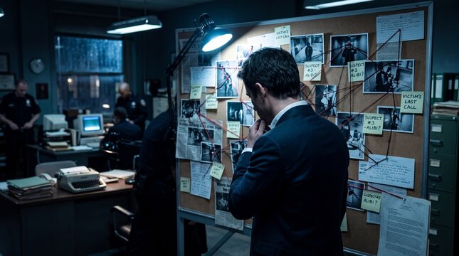 A determined detective intensely studies a comprehensive investigation board covered in photographs detailed maps and handwritten notes seeking crucial connections