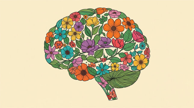 Floral brain illustration with colorful flowers, mental health and creativity concept, vintage botanical human brain art