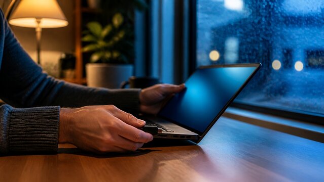 Secure Remote Work Dongle Connected To Laptop By Rainy Window