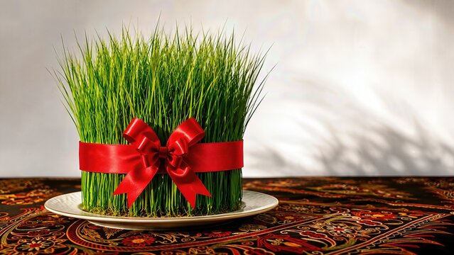 Azerbaijani Novruz Holiday Wheat Sprouts with Red Ribbon on Traditional Carpet &ndash; Spring Celebration Illustration