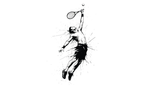 Male tennis player serving in mid air with racket and ball paint splatter style
