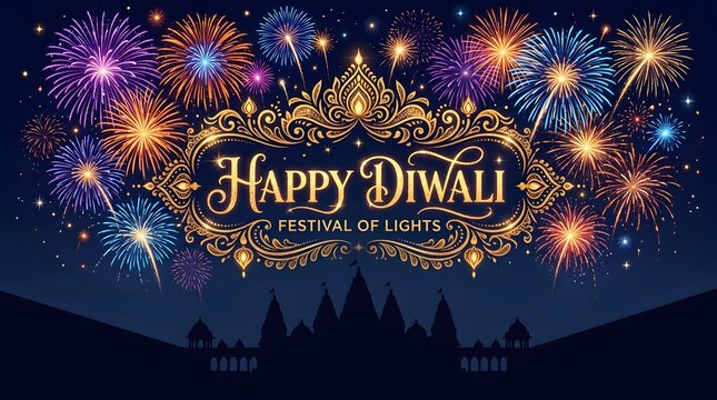 Happy diwali festival of lights with fireworks and temple silhouette