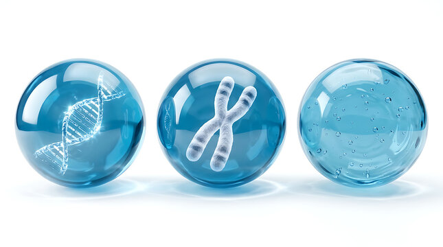 Three blue orbs with D N A and chromosome science biology