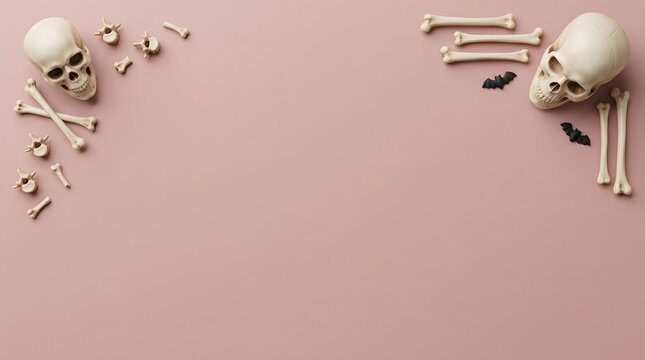 Human skulls bones small bats arranged in top corners on a pink background with human skull