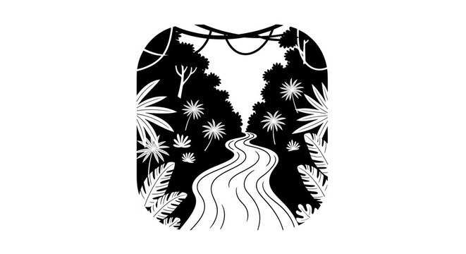 black and white forest path illustration.
