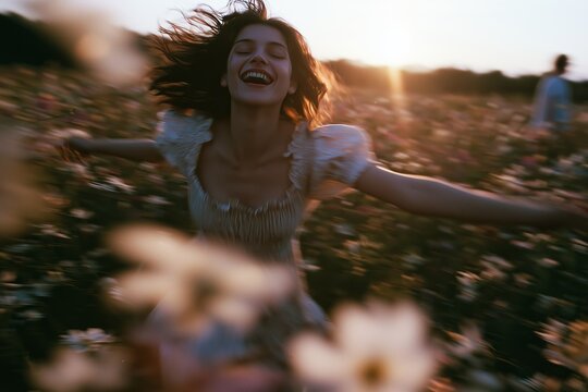 A carefree woman with arms outstretched joyously runs through a sunlit meadow of wildflowers, embracing freedom and happiness.
